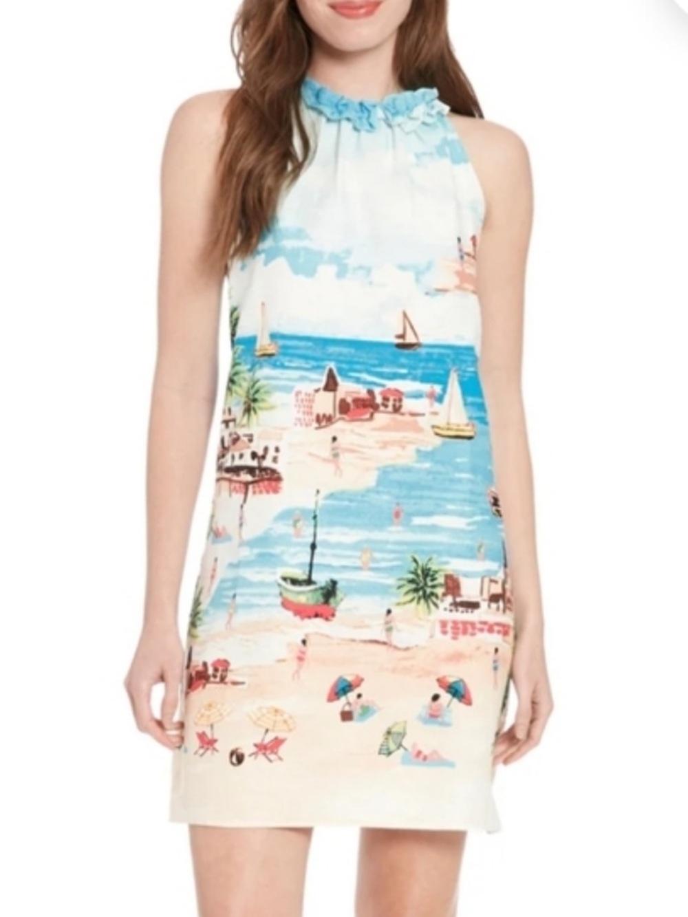 London Times Avelle Linen Blend Halter Neck Dress beach boats palm tree coastal